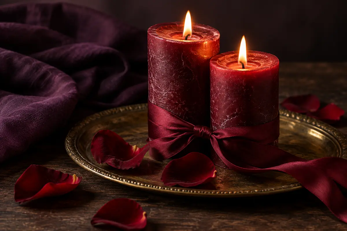 Dos velas bordó encendidas, unidas por una cinta sobre una bandeja con pétalos de rosa.