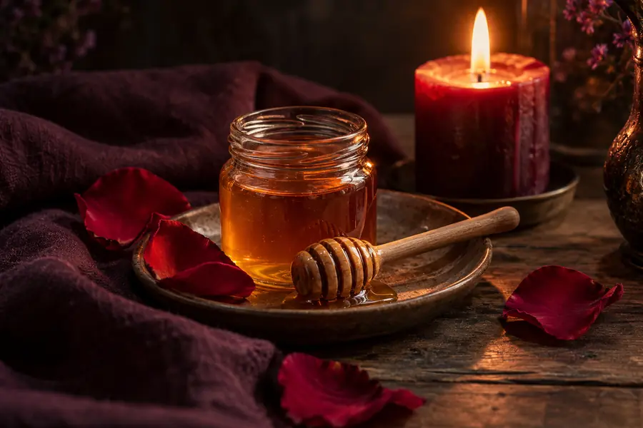 Frasco de miel con un utensilio de madera, pétalos de rosa y una vela bordó encendida.