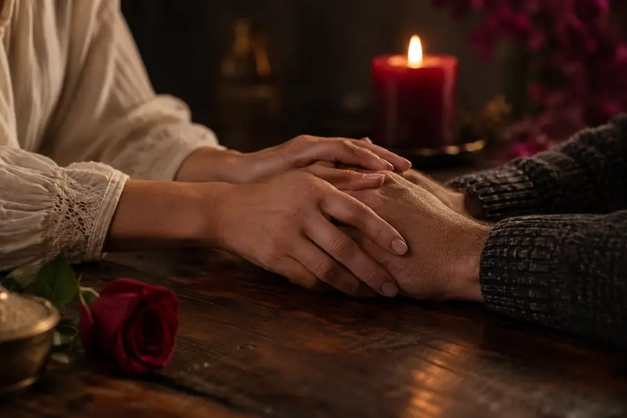 Manos de dos personas adultas juntas sobre una mesa, junto a una rosa roja y una vela.