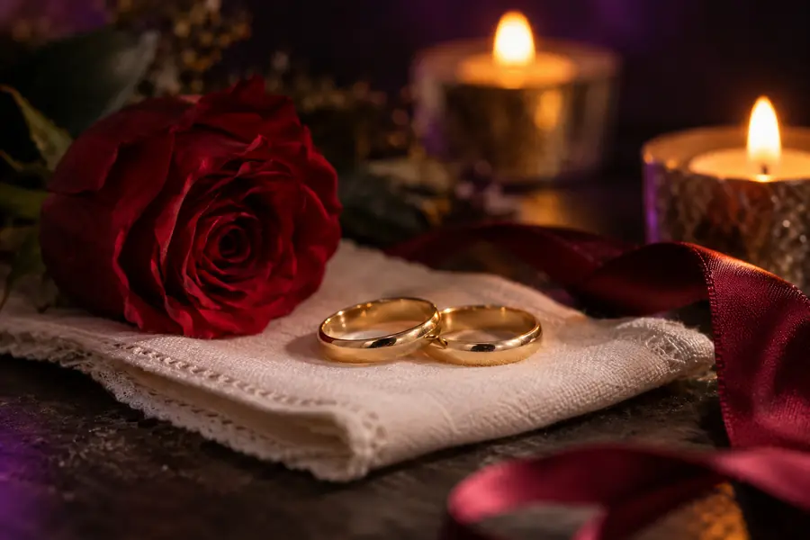 Dos alianzas doradas sobre una tela clara, junto a una rosa roja, una cinta bordó y velas.